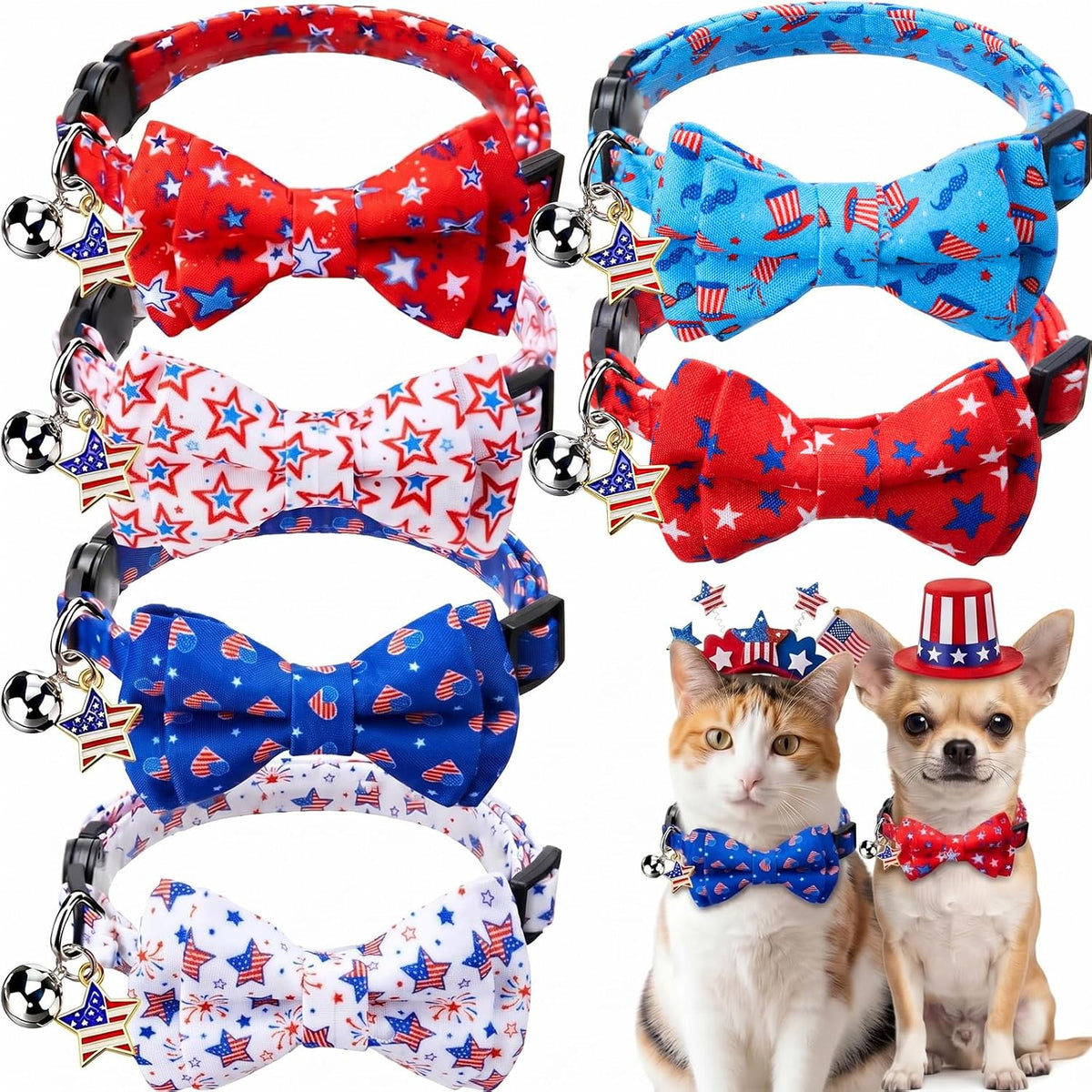 Hsei patriotic cat bow collars front view showcasing festive red white and blue star designs.