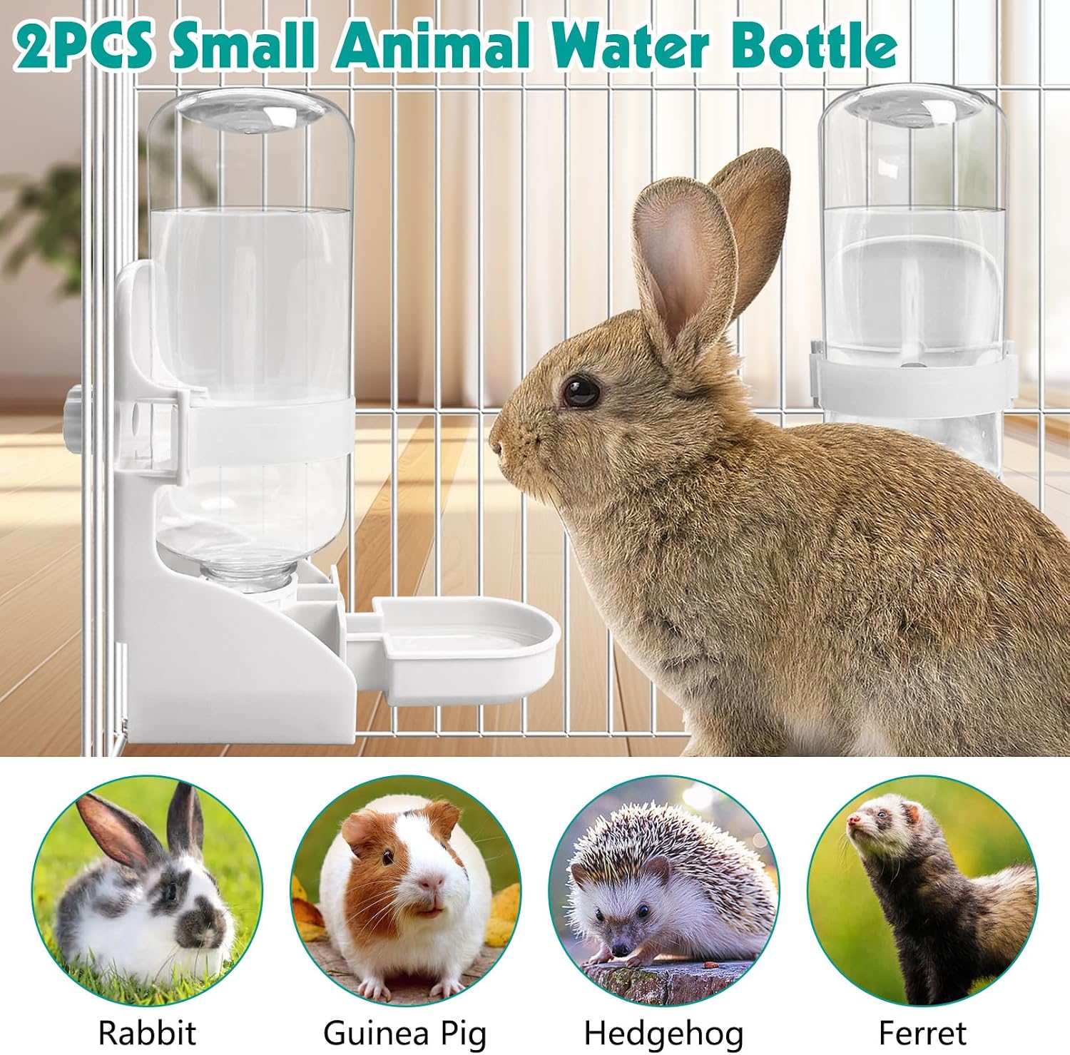 kathson 2PCS Rabbit Water Bottle, 17oz Hanging Water Fountain Automatic Dispenser No Leak WaterFeeder for Bunny Chinchilla Guinea Pig Hedgehog Ferret - Image 9