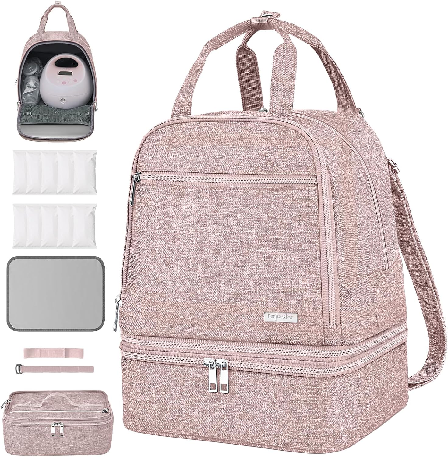 Derjunstar Derbiedersinn breast pump bag front view in dusty rose pink fabric.
