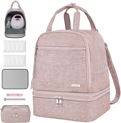 Derjunstar Derbiedersinn breast pump bag front view in dusty rose pink fabric.