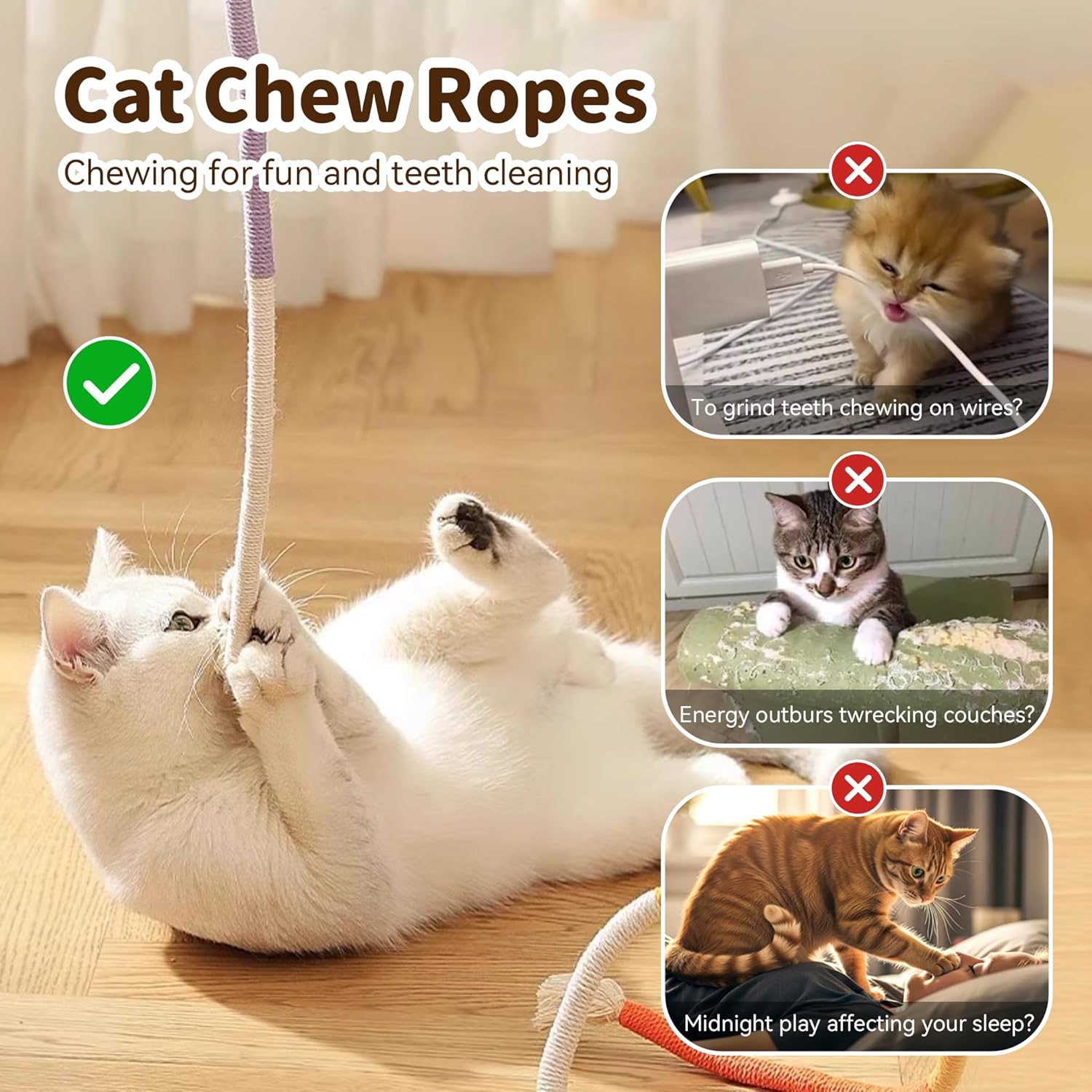 Close up of organic cotton cat chew ropes for teeth cleaning