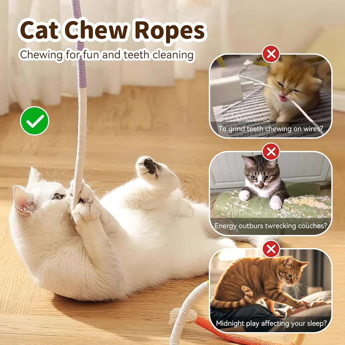 Close up of organic cotton cat chew ropes for teeth cleaning