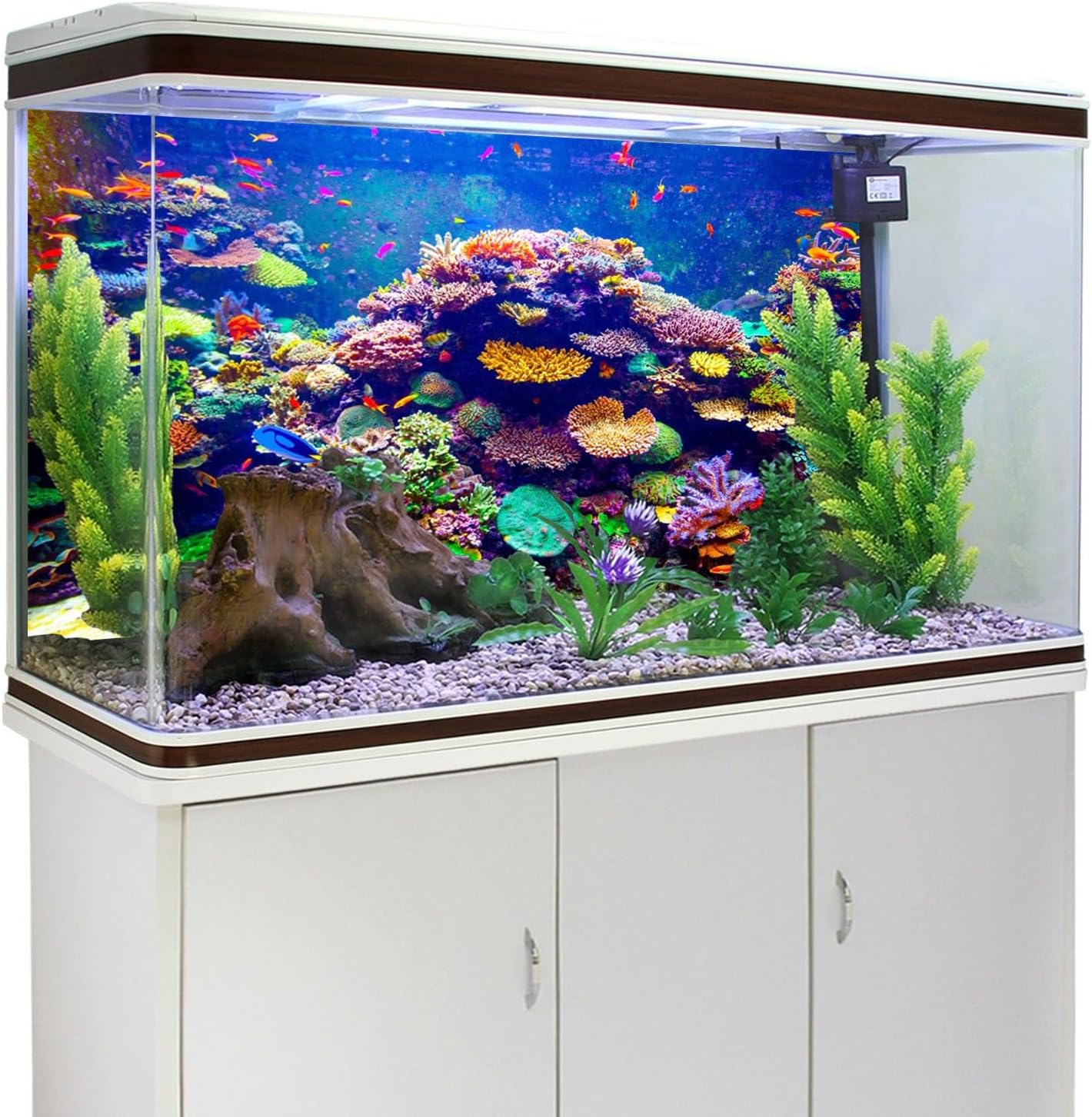 High-definition vinyl fish tank backdrop with vibrant tropical fish illustrations.