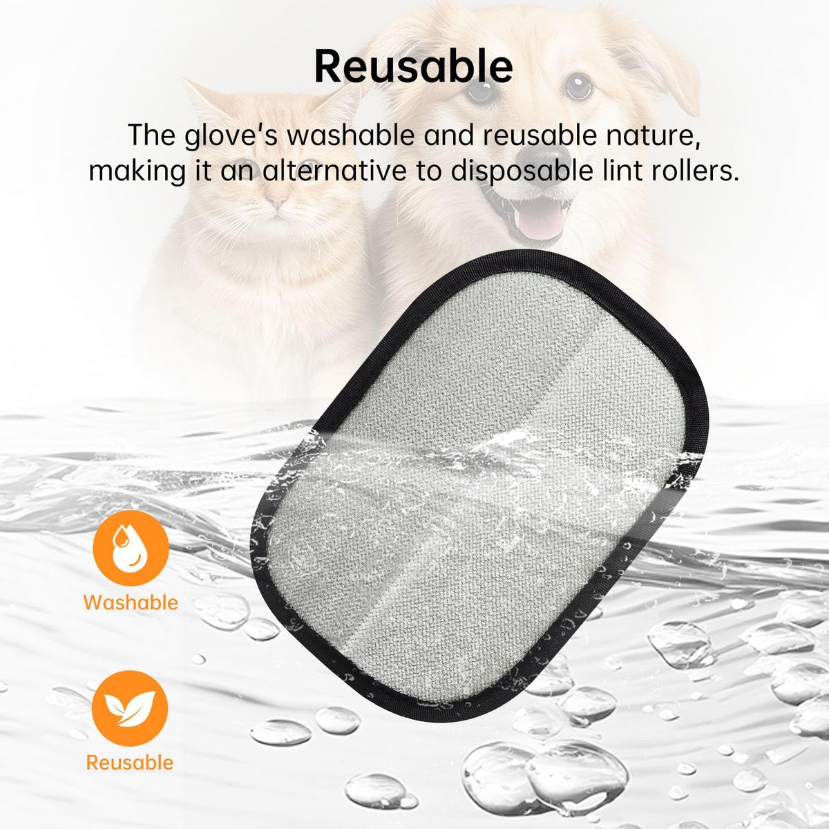 Re-usable pet hair grooming glove used on car seats