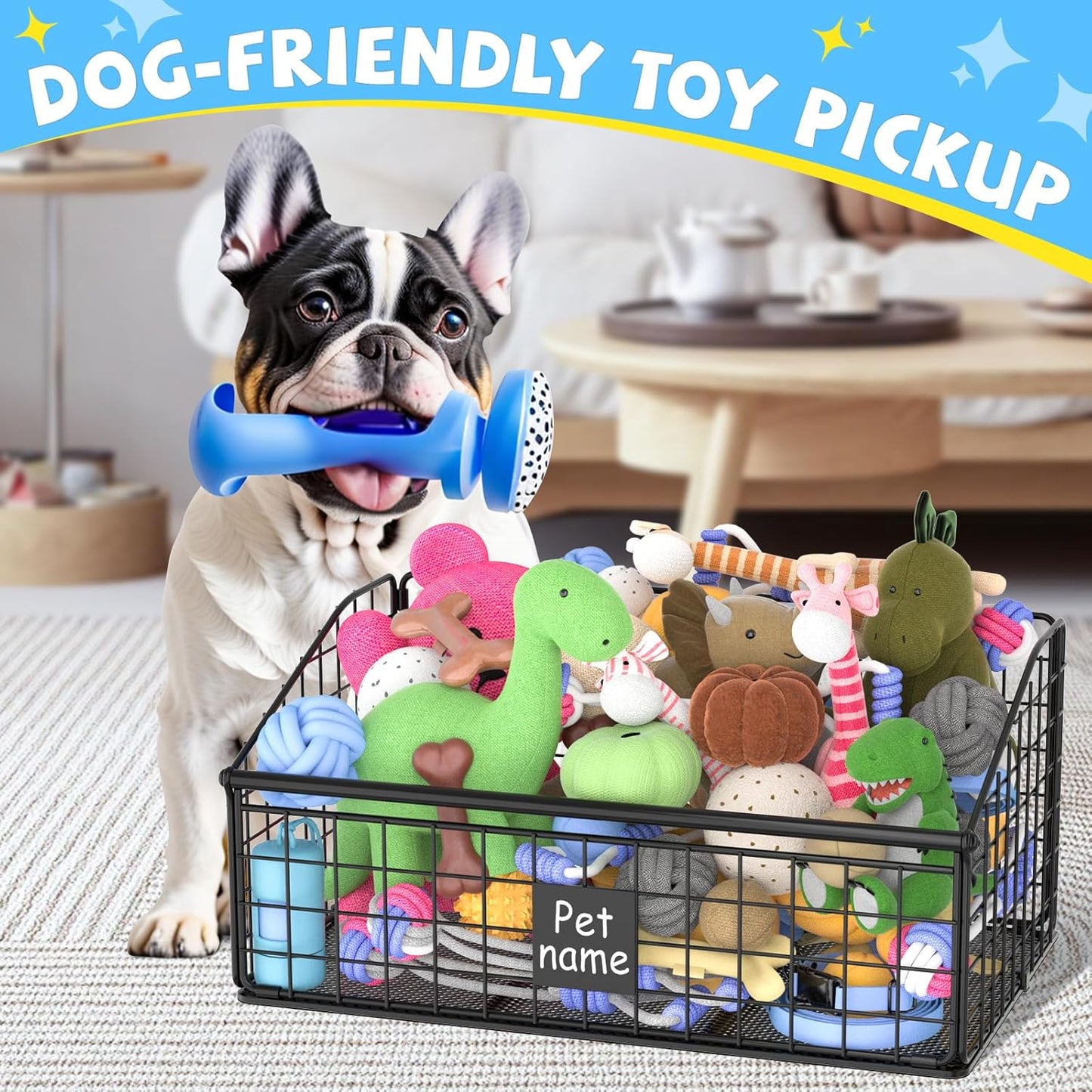 Side angle view of Kaiferty chew-proof dog toy organizer