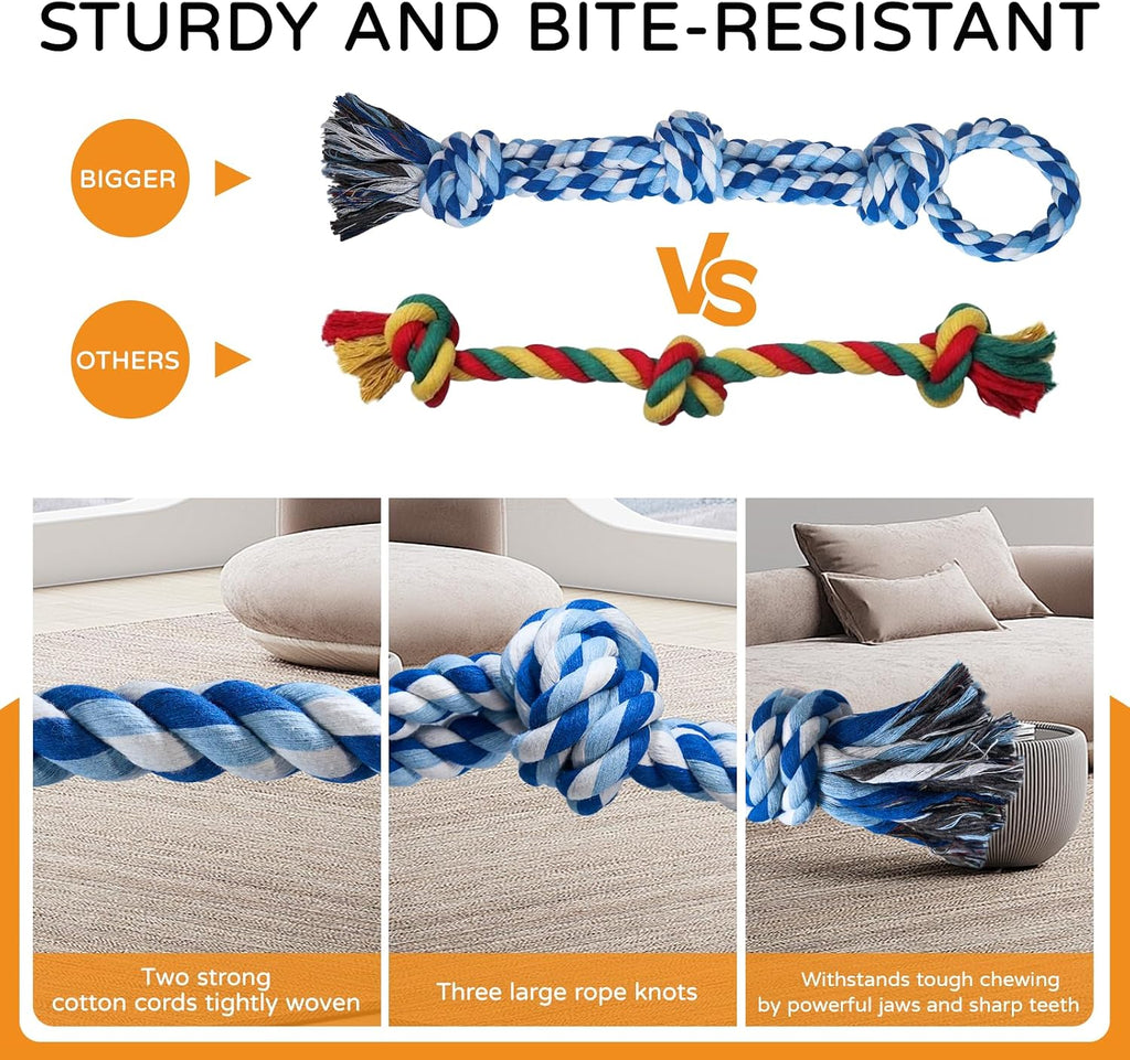 The two individual green and blue multi knot TLAZZ pet ropes displayed side by side