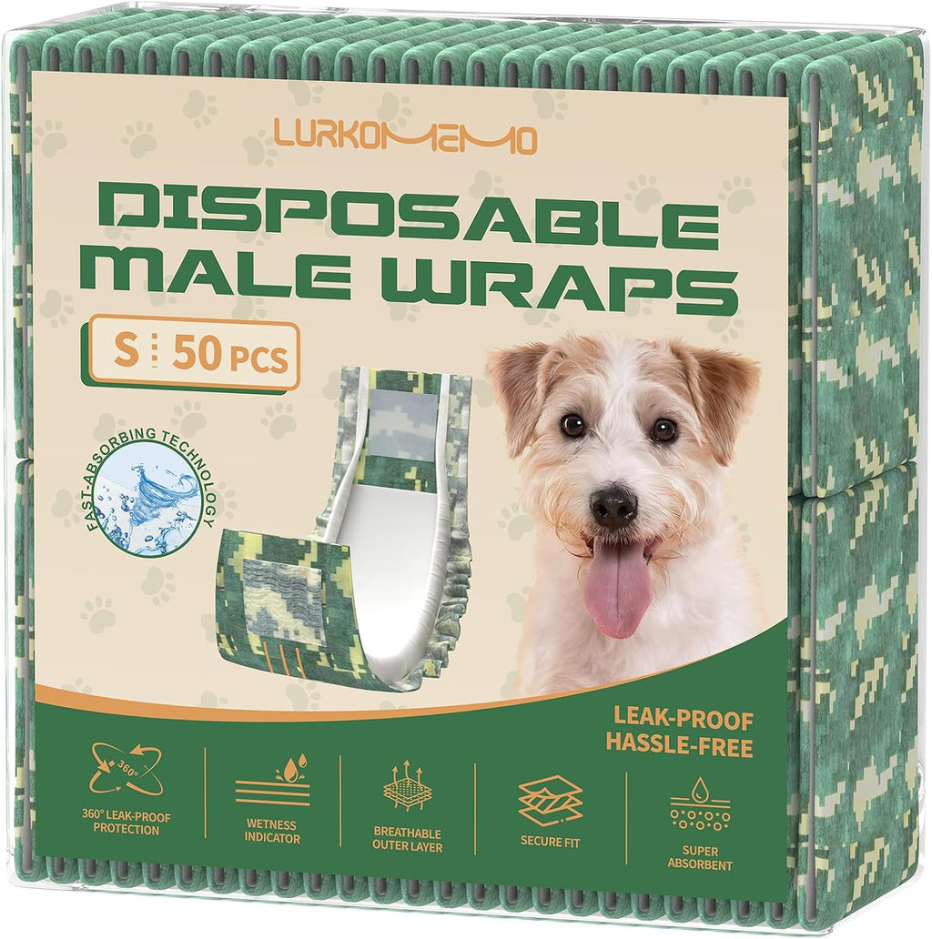 Lurkomemo disposable male dog diapers fifty count pack front view showing packaging details