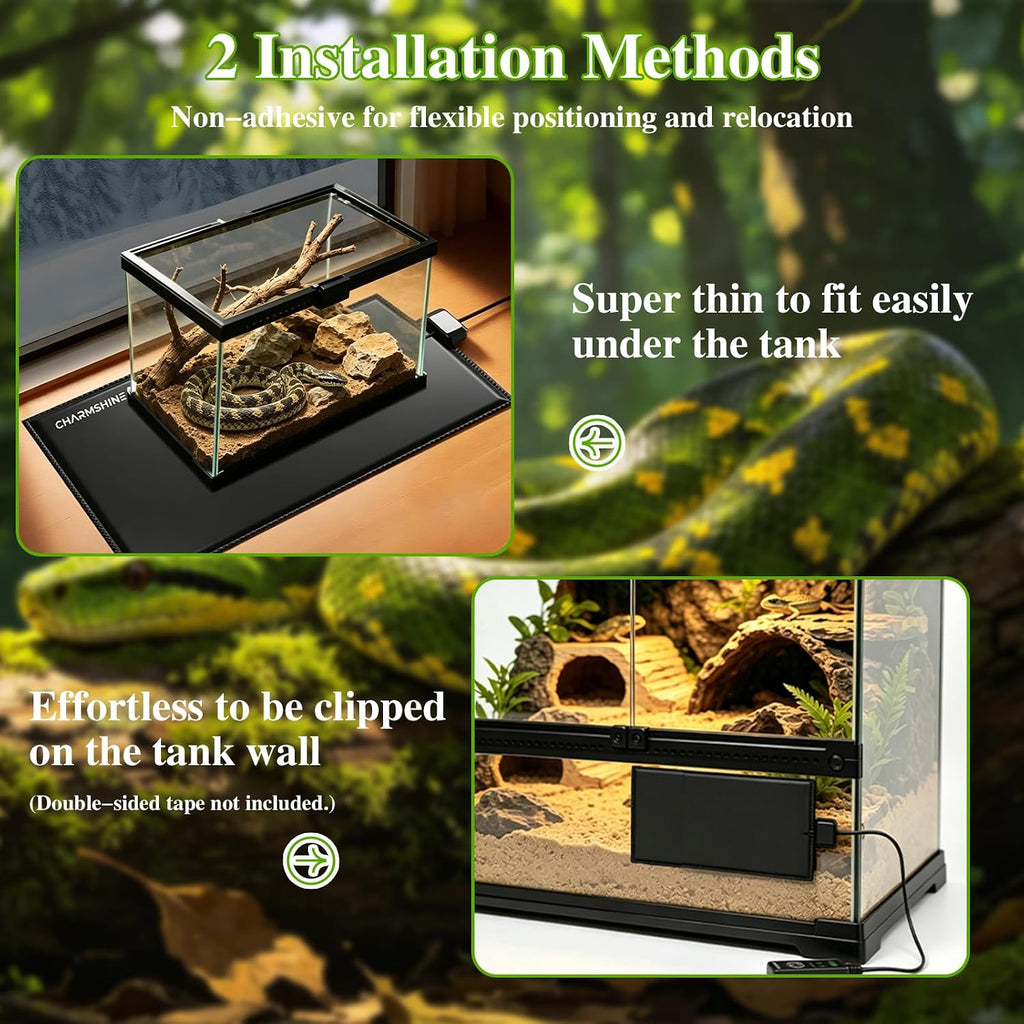 Eight by twelve inch reptile enclosure heat mat laid flat with power cord attachment.