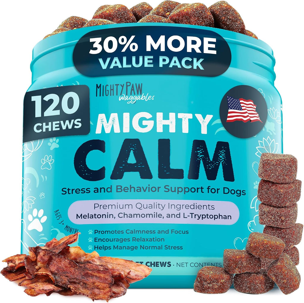 Mighty Paw Calming Chews for Dogs front view of premium pet stress relief jar
