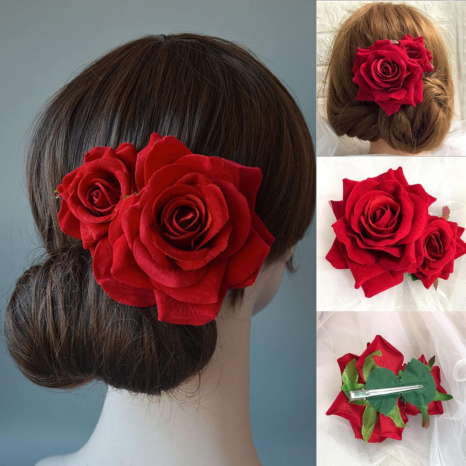 Kriccio flower hair combs rose bohemian red bridal hairpin front view