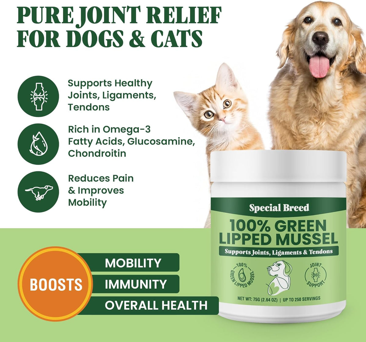 Special Breed natural hip and joint supplement powder packaging with scoop
