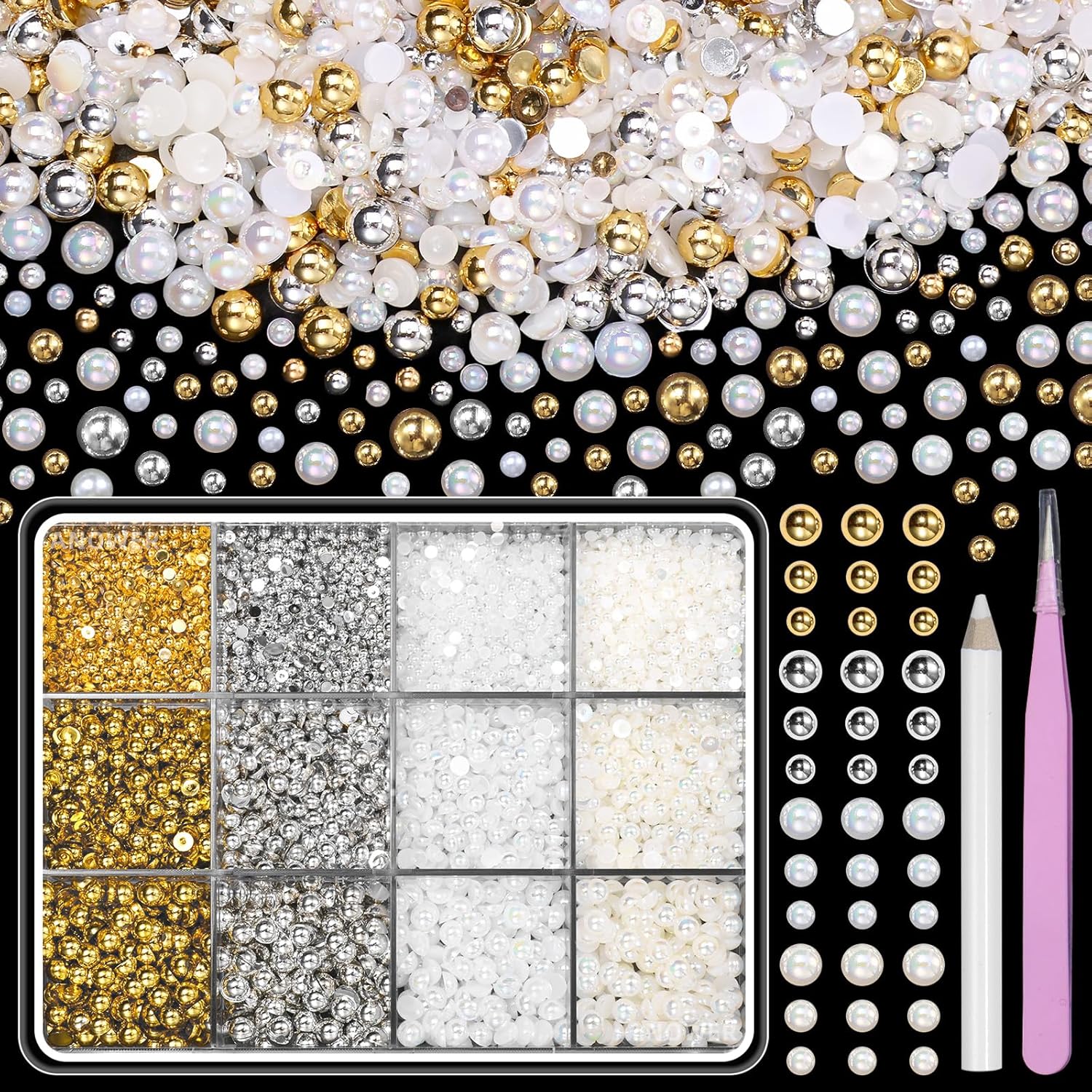 Belleboost gold and silver half round pearls set front view