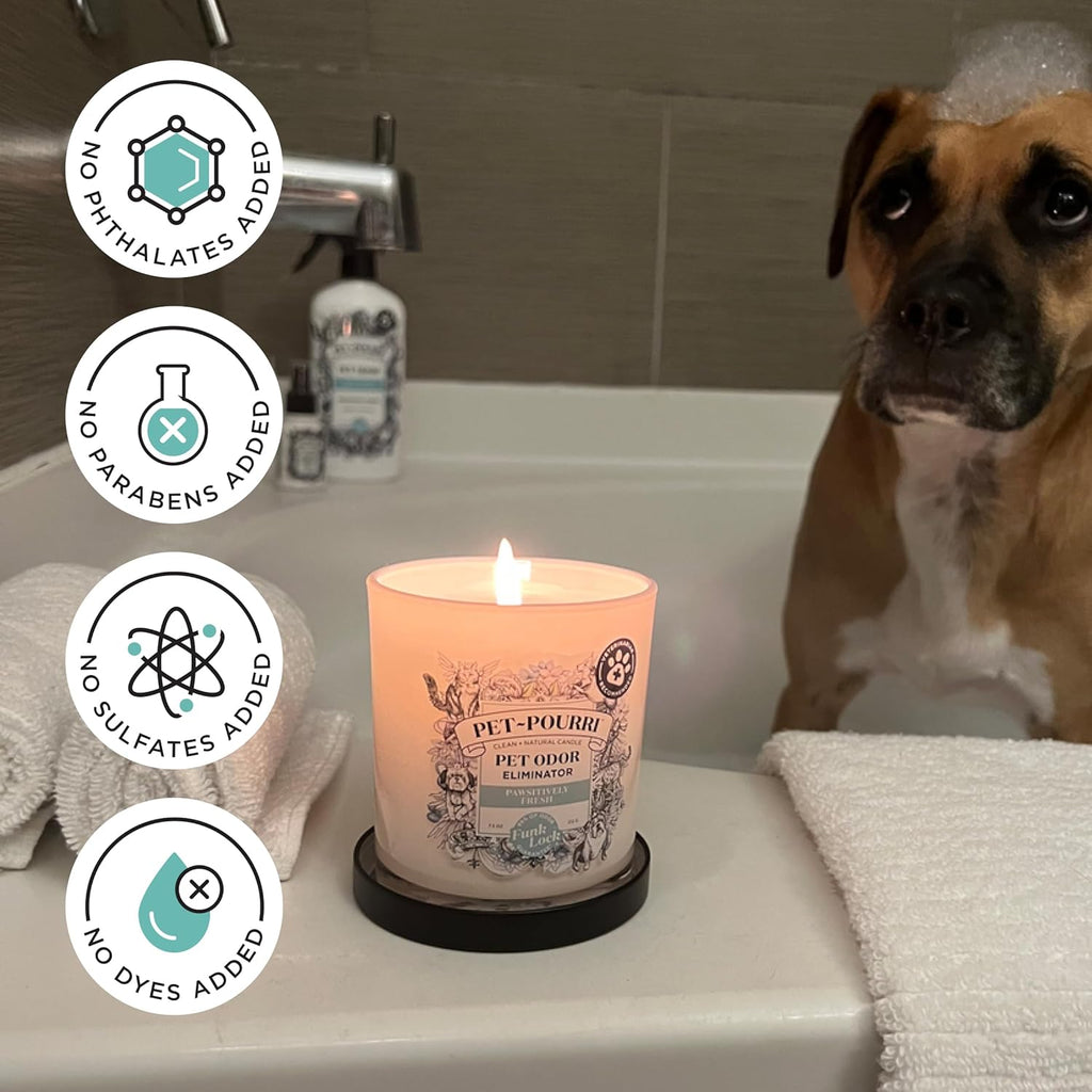 Back view of Pet-Pourri candle showing ingredients and safety instructions