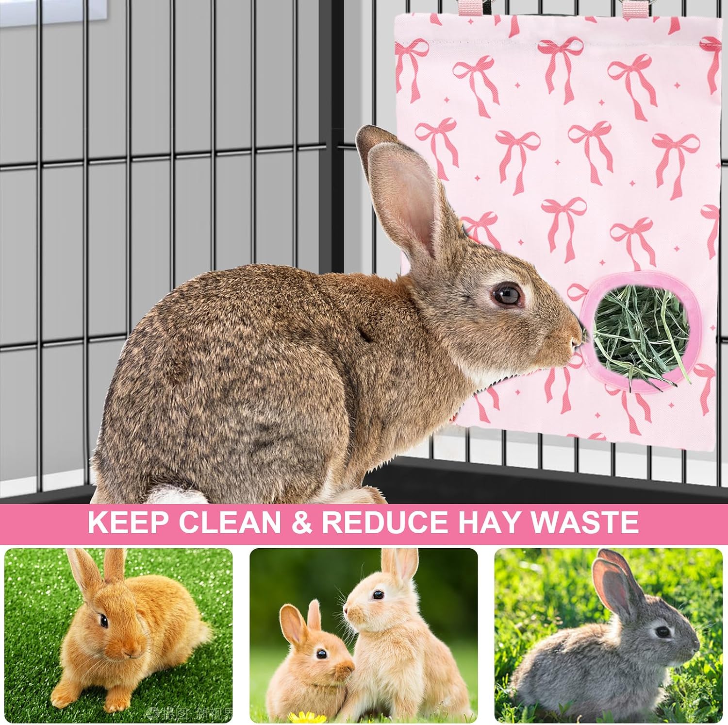JarThenaAMCS 2Pcs Rabbit Hay Feeder Bag with 2 Holes Pink Bow Guinea Pig Hanging Hay Feeding Bag Storage Dispenser for Chinchilla Hamster Bunny Small Animal Pet - Image 4