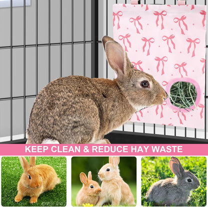 JarThenaAMCS 2Pcs Rabbit Hay Feeder Bag with 2 Holes Pink Bow Guinea Pig Hanging Hay Feeding Bag Storage Dispenser for Chinchilla Hamster Bunny Small Animal Pet - Image 4