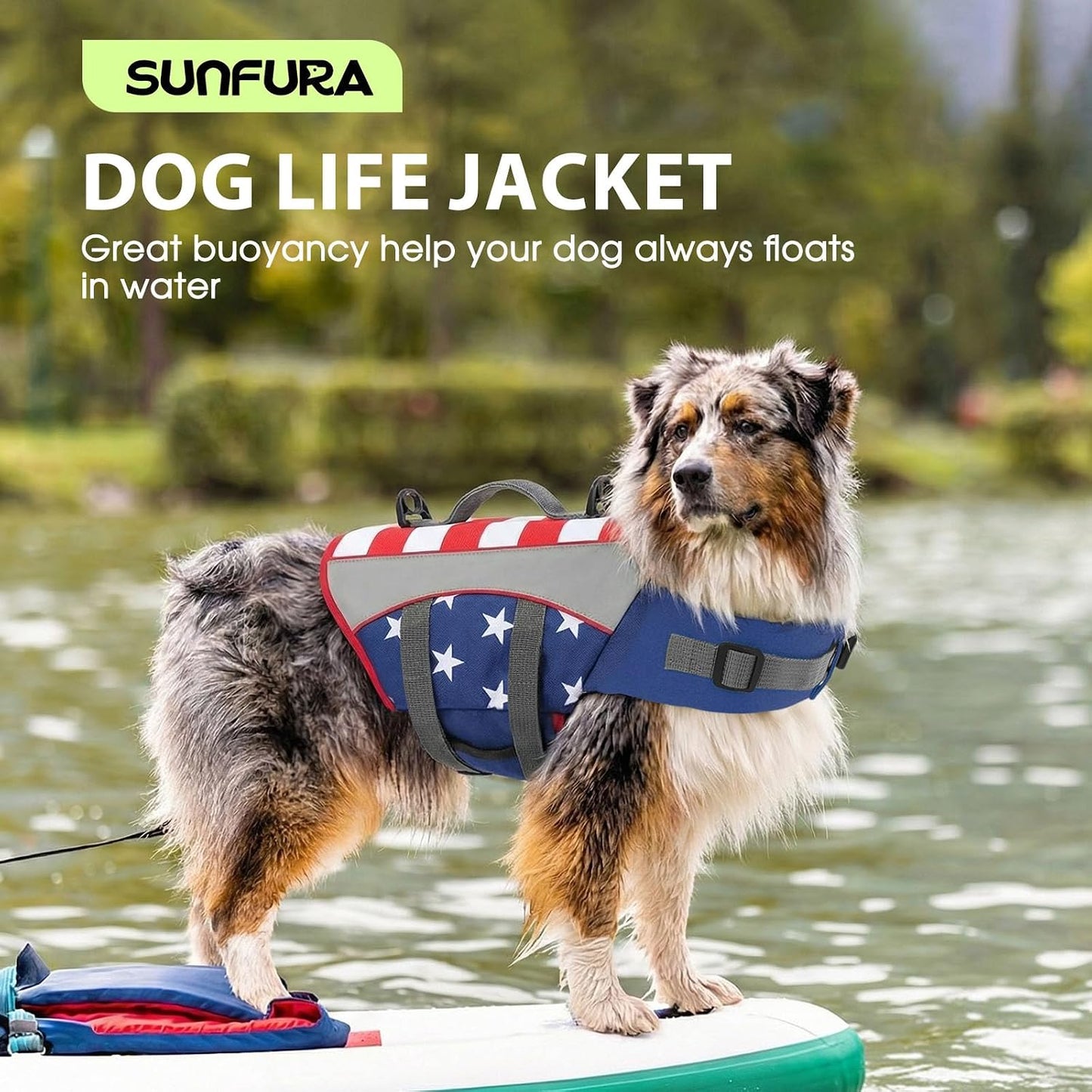 USA flag pattern dog swimming vest with heavy duty emergency rescue handle on top