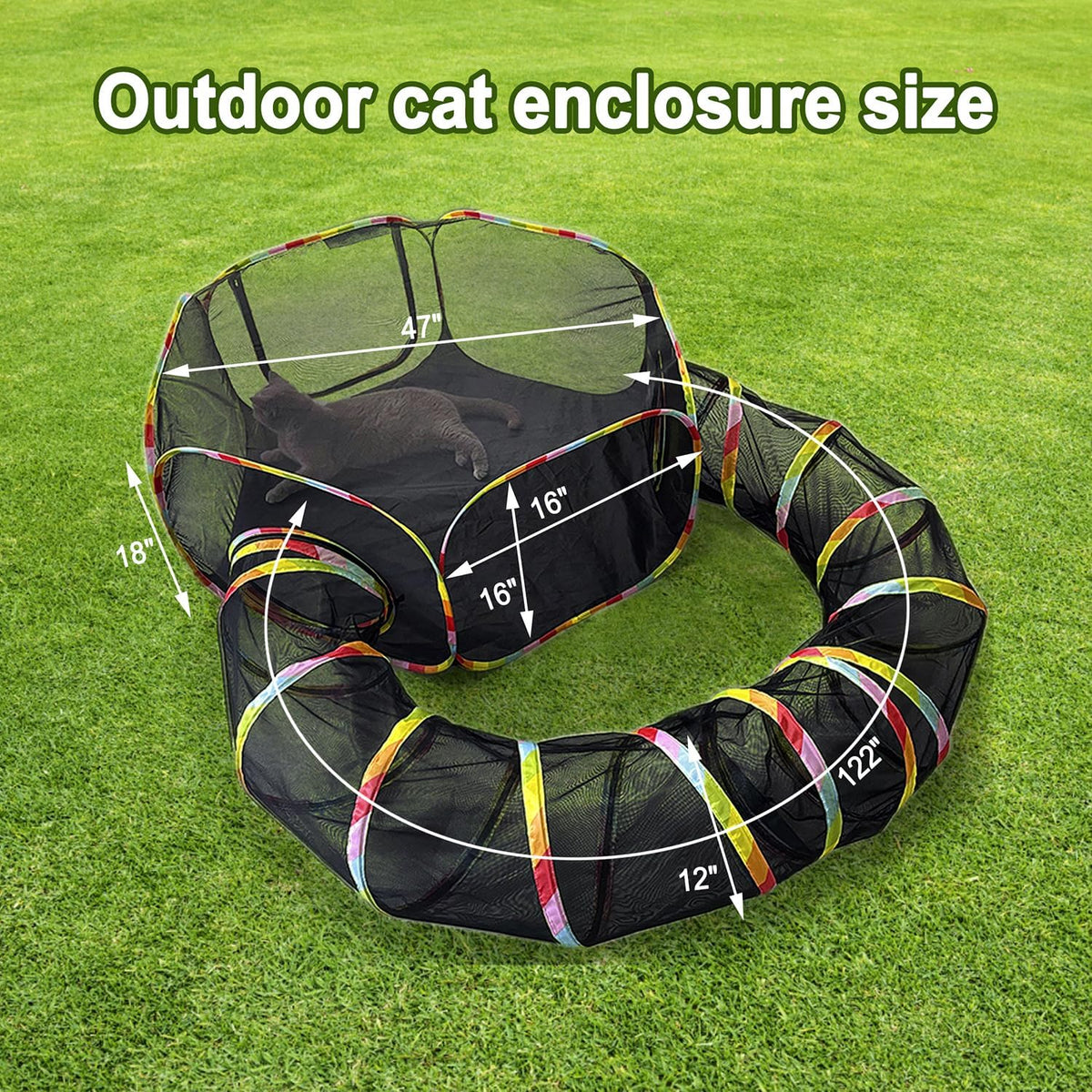CLKHOWL portable cat tents for outside with iridescent trim setup on a backyard lawn