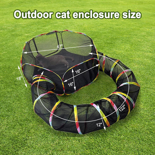 CLKHOWL portable cat tents for outside with iridescent trim setup on a backyard lawn