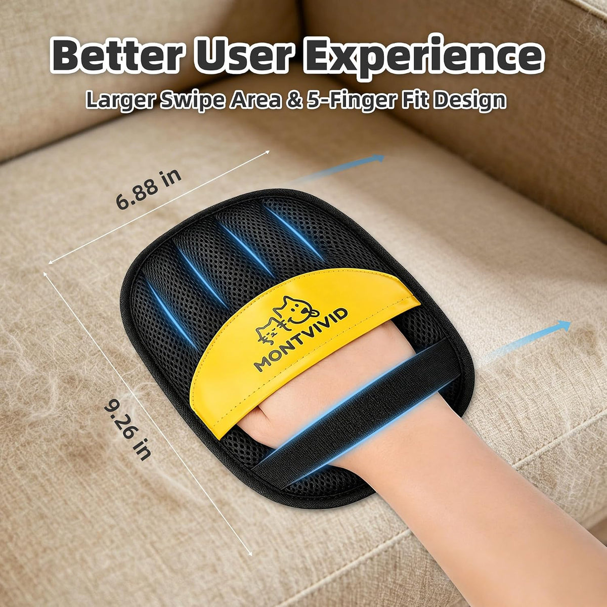Five finger pet hair remover glove wiping dog fur from couch fabric