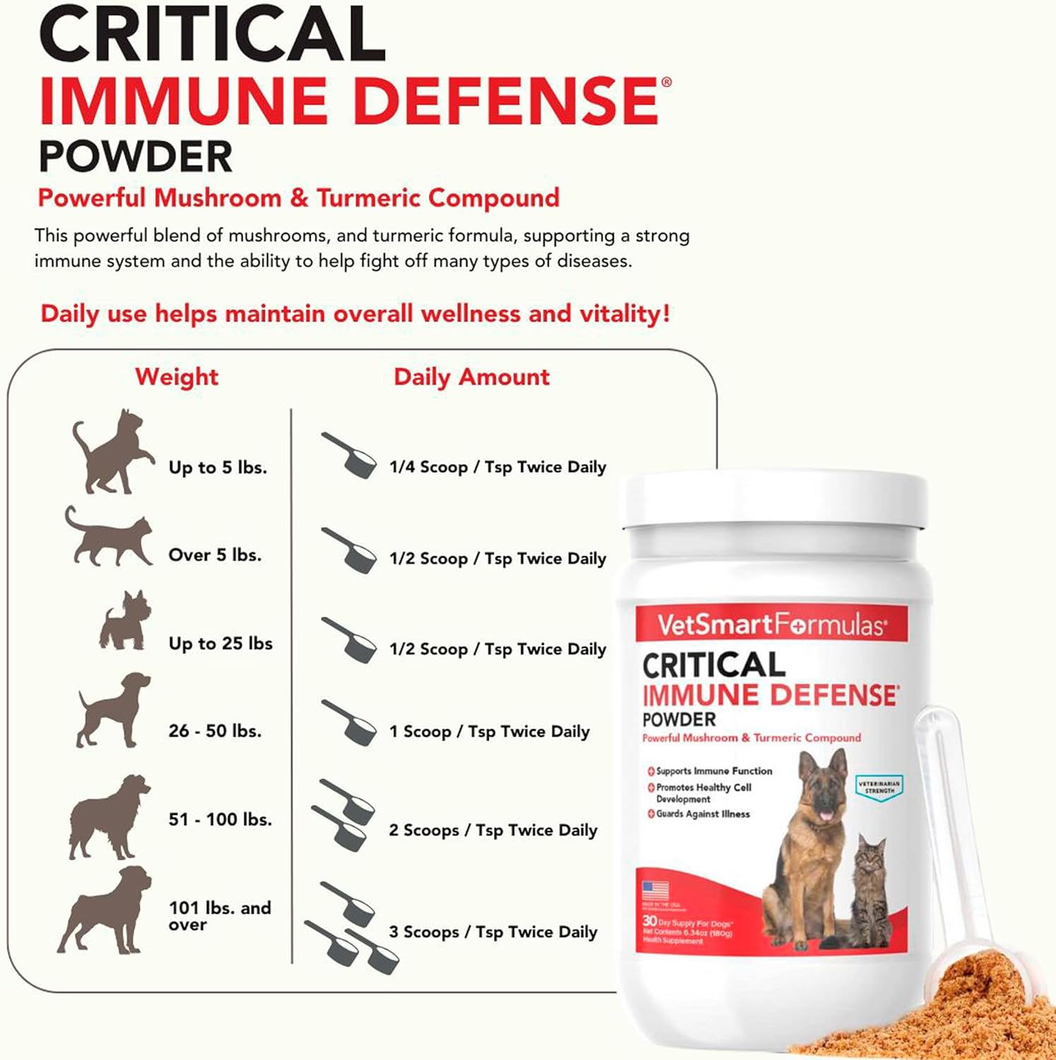 Six point thirty four ounce tub of Critical Immune Defense powder with white turmeric root extract