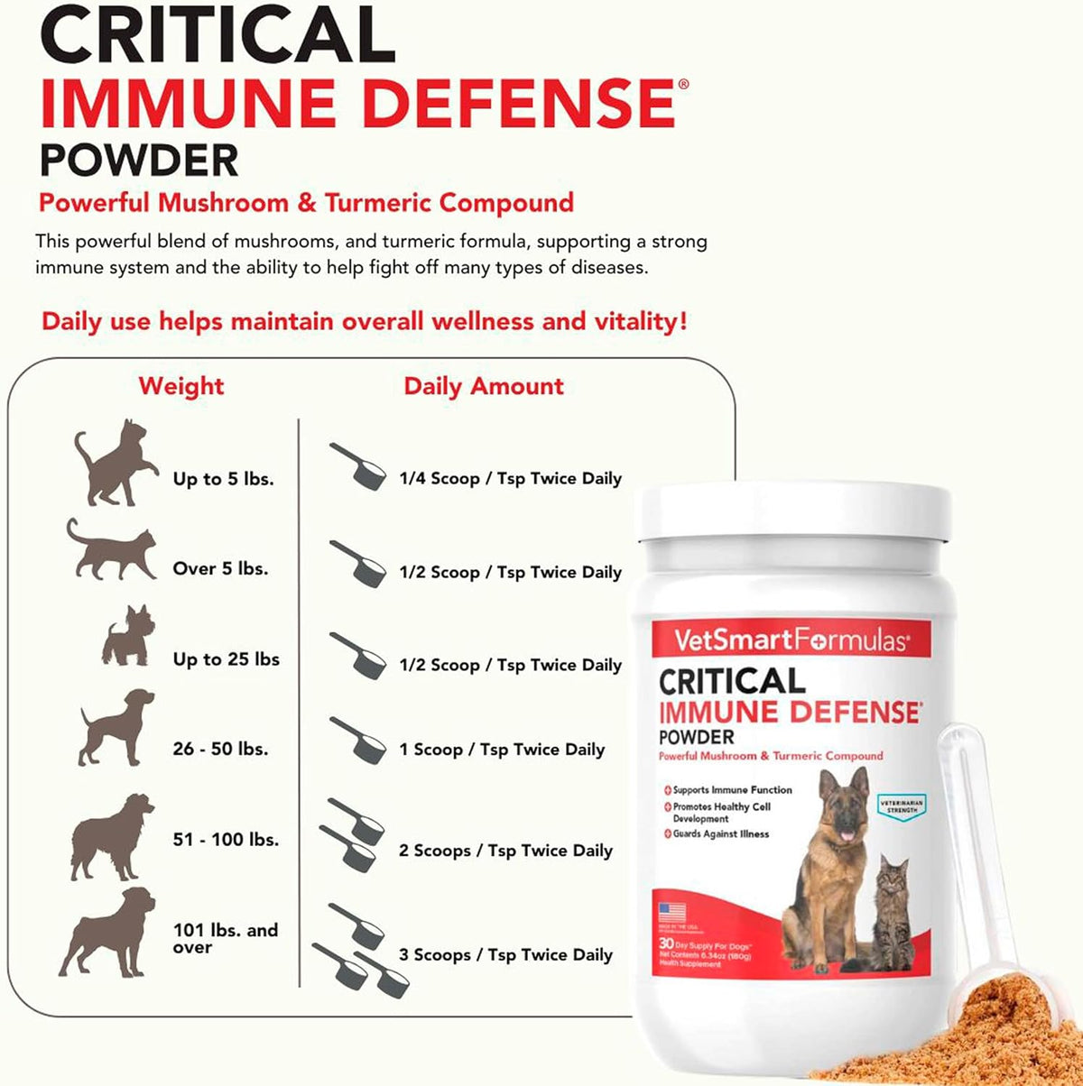 Six point thirty four ounce tub of Critical Immune Defense powder with white turmeric root extract