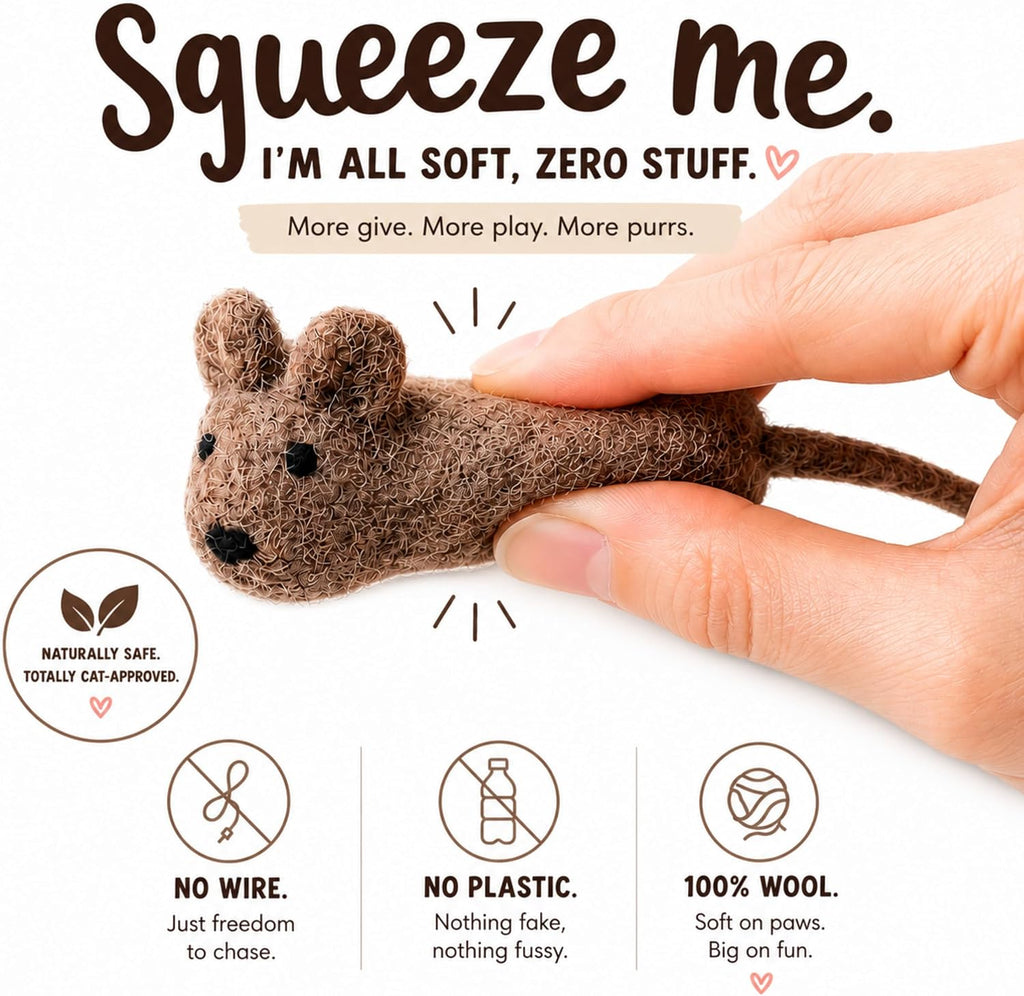 Handmade wool felt cat mice pack of three showing the dense fiber texture for indoor cat hunting play