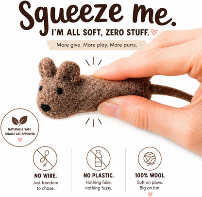 Handmade wool felt cat mice pack of three showing the dense fiber texture for indoor cat hunting play
