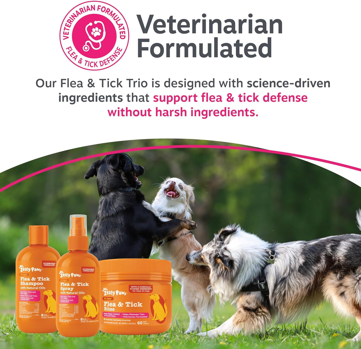 Zesty Paws plant based flea and tick protection trio for itch relief and pest prevention.