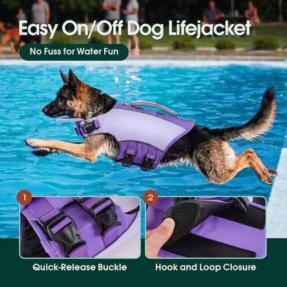 Reflective dog life suit with durable metal leash D ring attachment.
