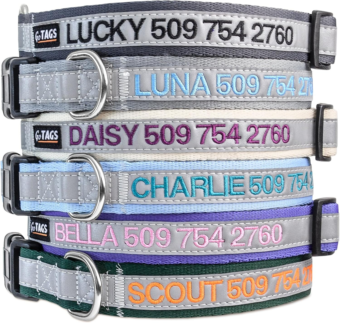 GoTags reflective personalized dog collar pink medium front view