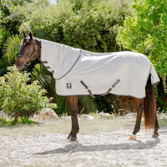 Equinavia Brisk Mesh Horse Fly Sheet in silver gray showing full body coverage on a horse.