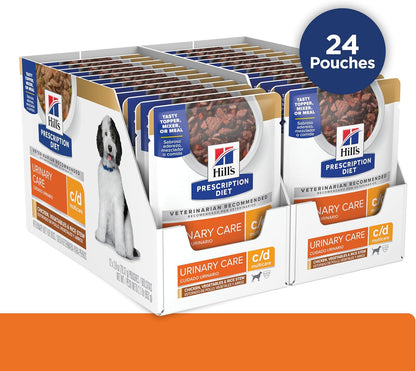 Hill's Prescription Diet chicken and vegetable stew wet dog food twenty-four pack outer box.