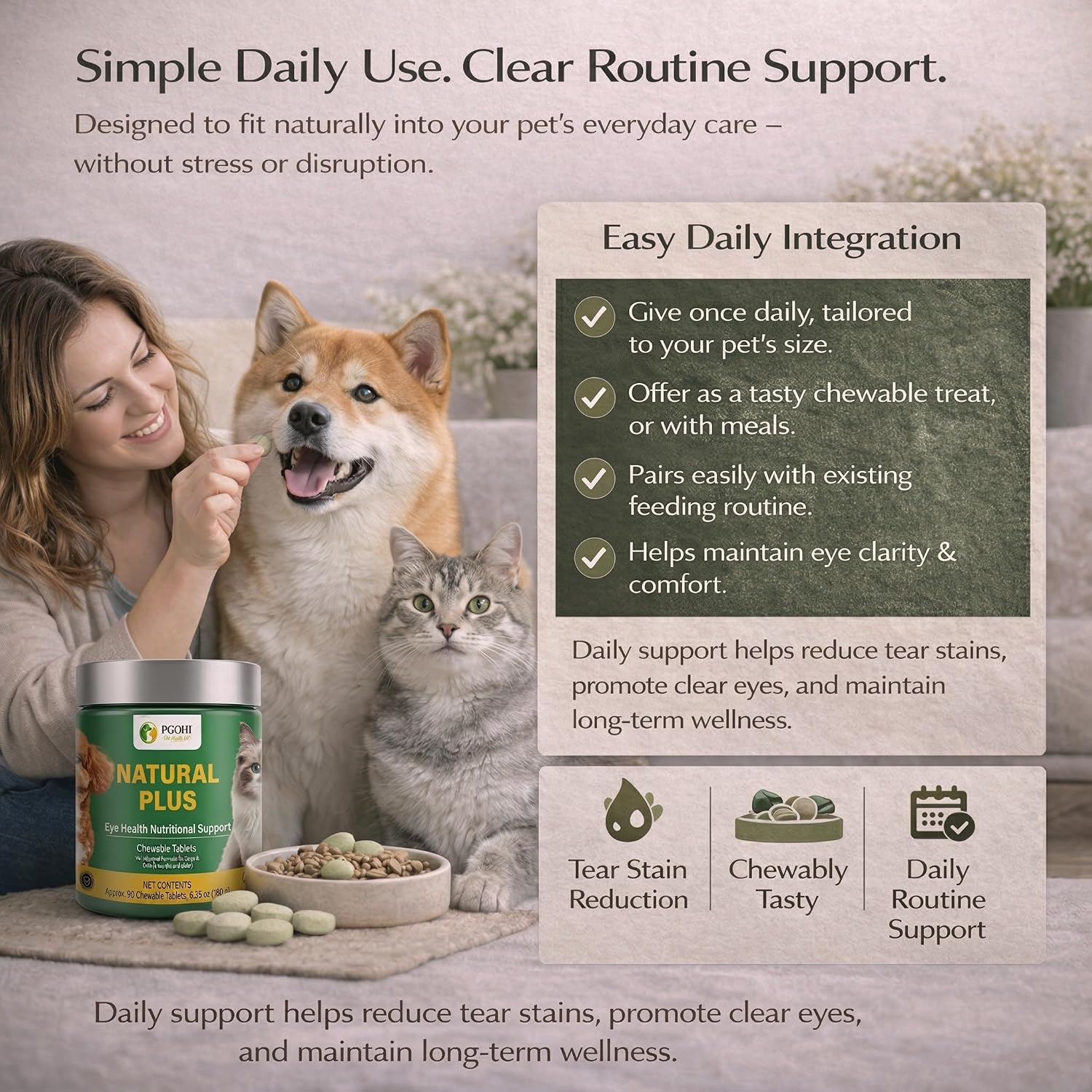 Premium authentic PGOHI pet health dietary chewables for reducing eye coat stains.