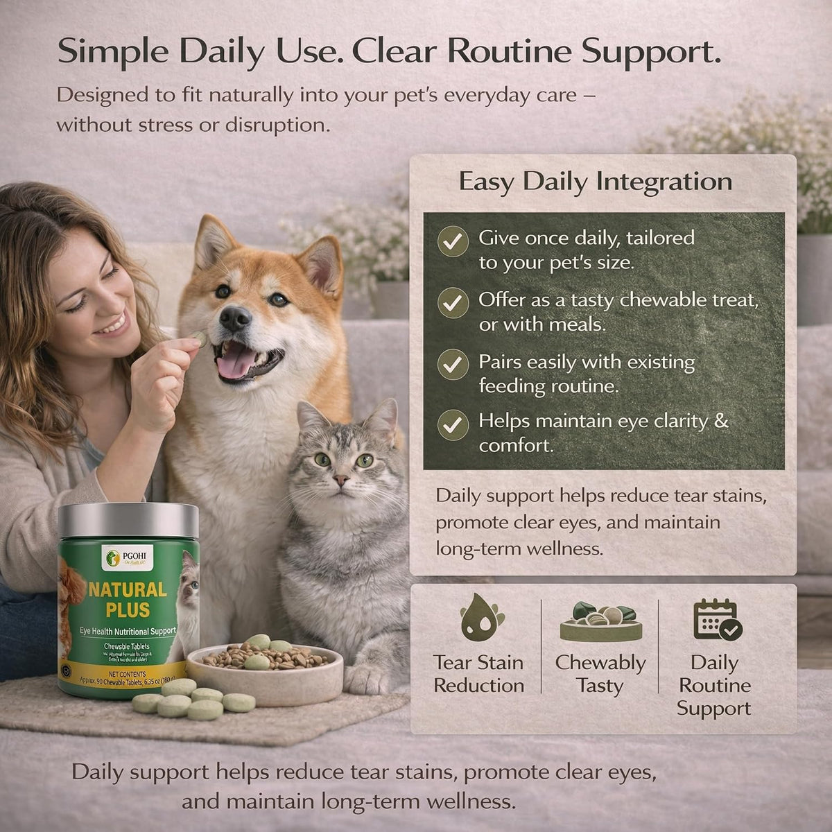 Premium authentic PGOHI pet health dietary chewables for reducing eye coat stains.