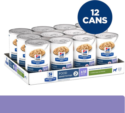 Hill's Prescription Diet z d Low Fat Food Sensitivities 12 pack box layout