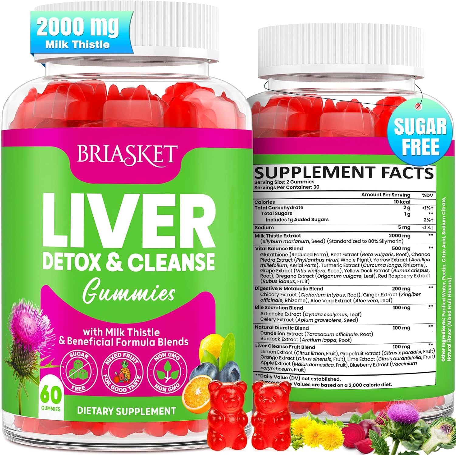 Briasket Liver Detox Cleanse and Repair front view of the sixty count bottle showing milk thistle benefits