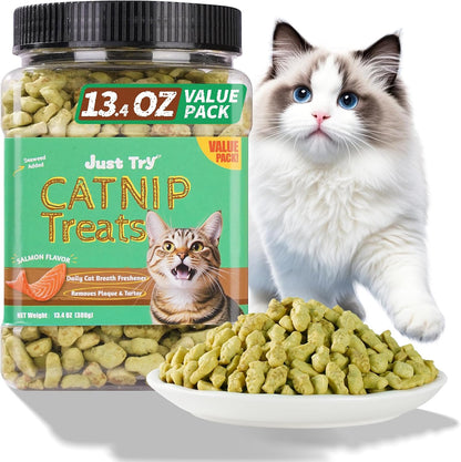 Just Try Crunchy Cat Treats front view packaging showcasing real salmon flavor.