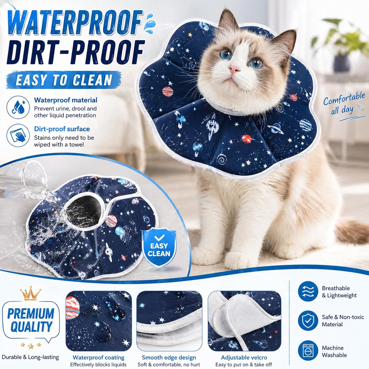 Waterproof high-density twill fabric detail of Mechpia cat neck cone.
