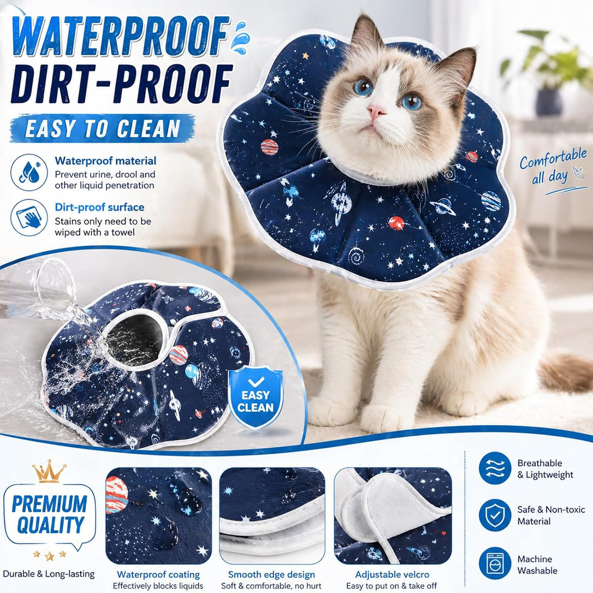 Waterproof high-density twill fabric detail of Mechpia cat neck cone.
