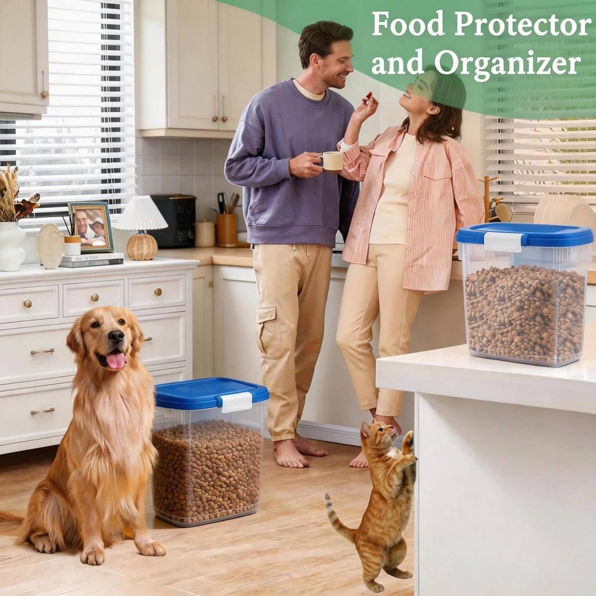 Clear plastic dry food storage container with measuring scoop