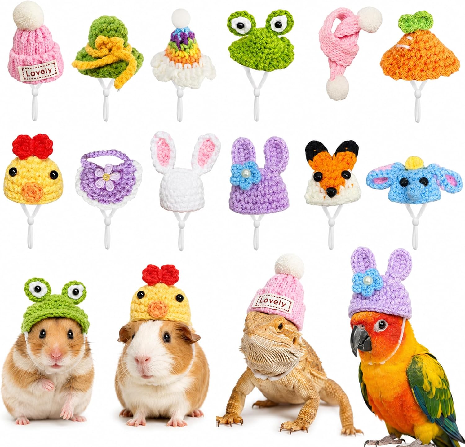 WULINYOUX mini hamster hats crochet set front view with small pet scarf