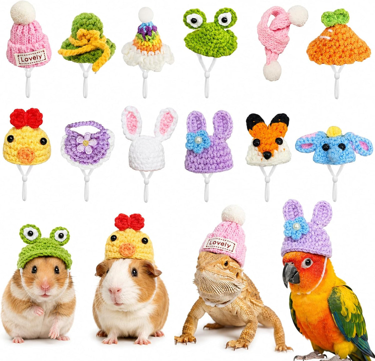 WULINYOUX mini hamster hats crochet set front view with small pet scarf