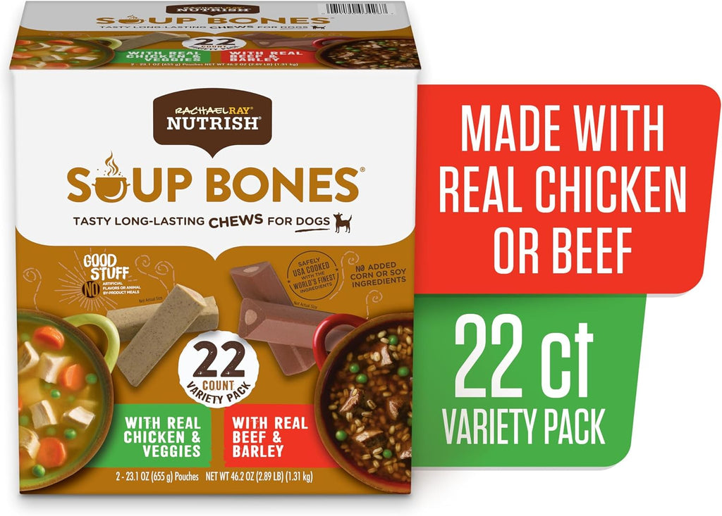 Two bags of Rachael Ray Nutrish dog chews variety pack