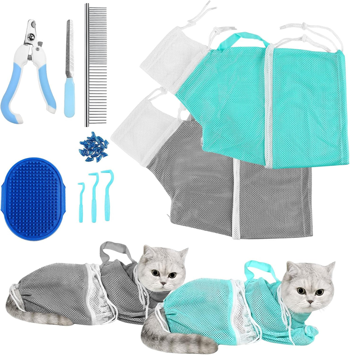 JULMELON Cat Washing Bag 10 PCS Set, Adjustable Cat Shower Net Bag and Pet Grooming Brush with Nail Clipper Nail File Hair Combs Tick Tool Nail Caps for Bathing Nail Trimming Examination(Pink+Grey) - Image 9