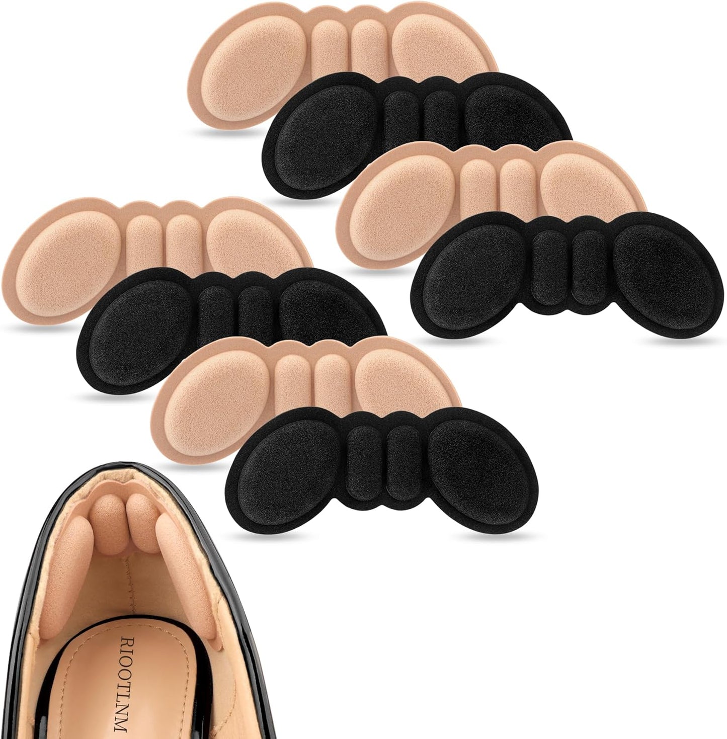 Riootlnm Heel Pads 4 pair pack showing black and brown foam inserts for loose shoes.