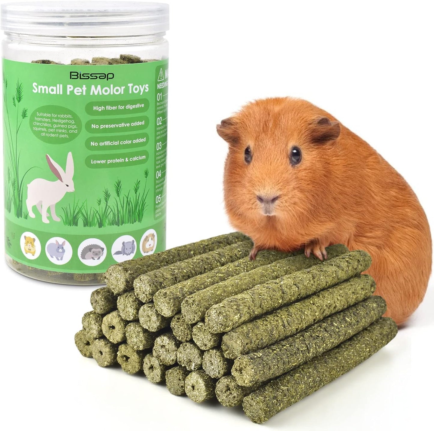 Bissap Timothy Hay Sticks packaging front view showing premium organic compressed grass chew treats for small animals.
