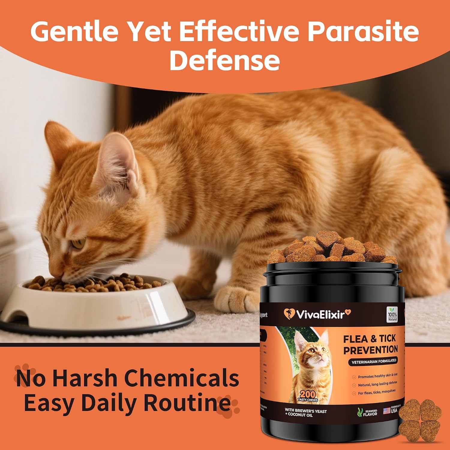 Side label showing authentic USA imported pet supplement facts and benefits
