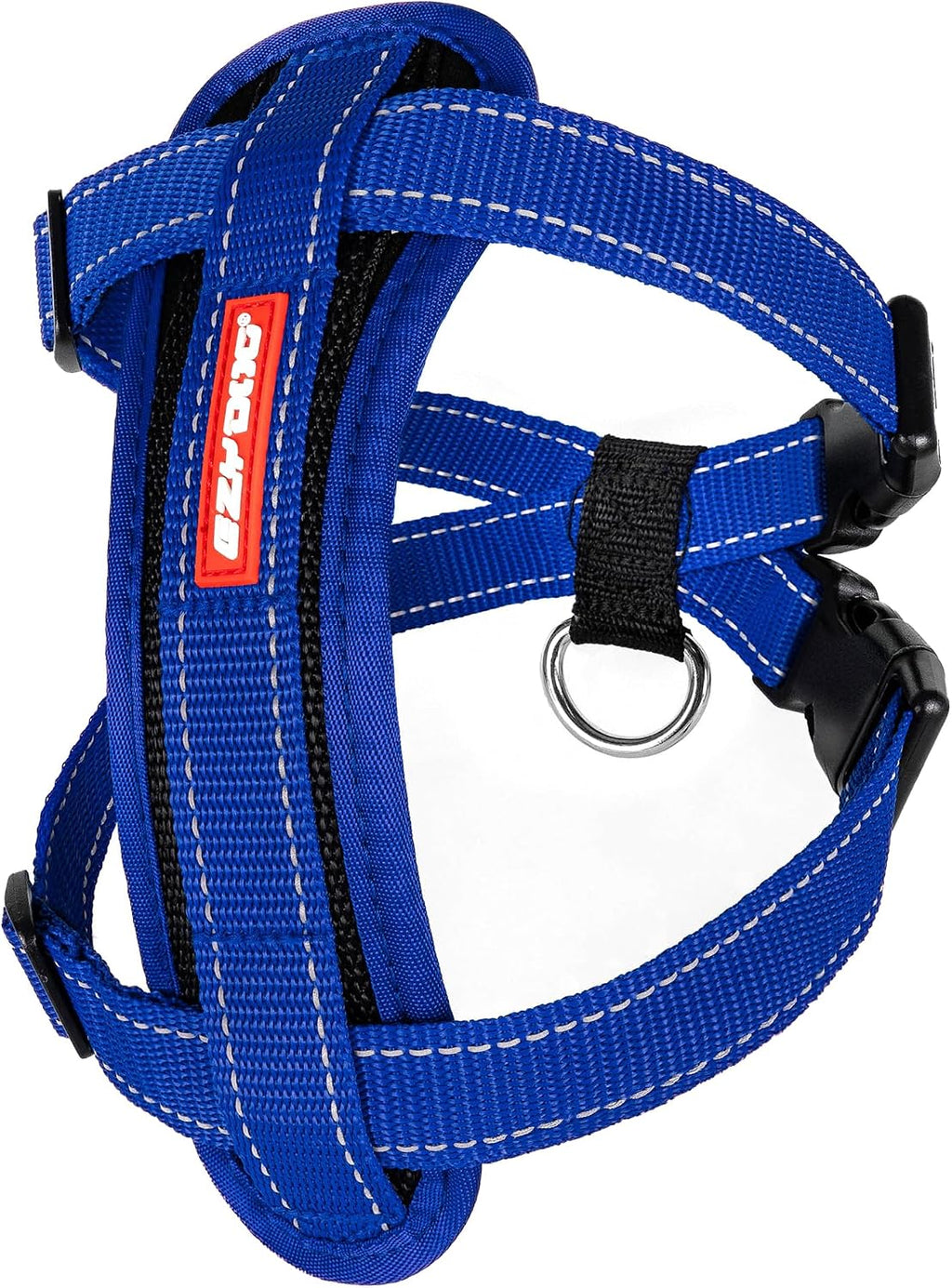 EzyDog black pet harness close-up on EVA foam padding material.