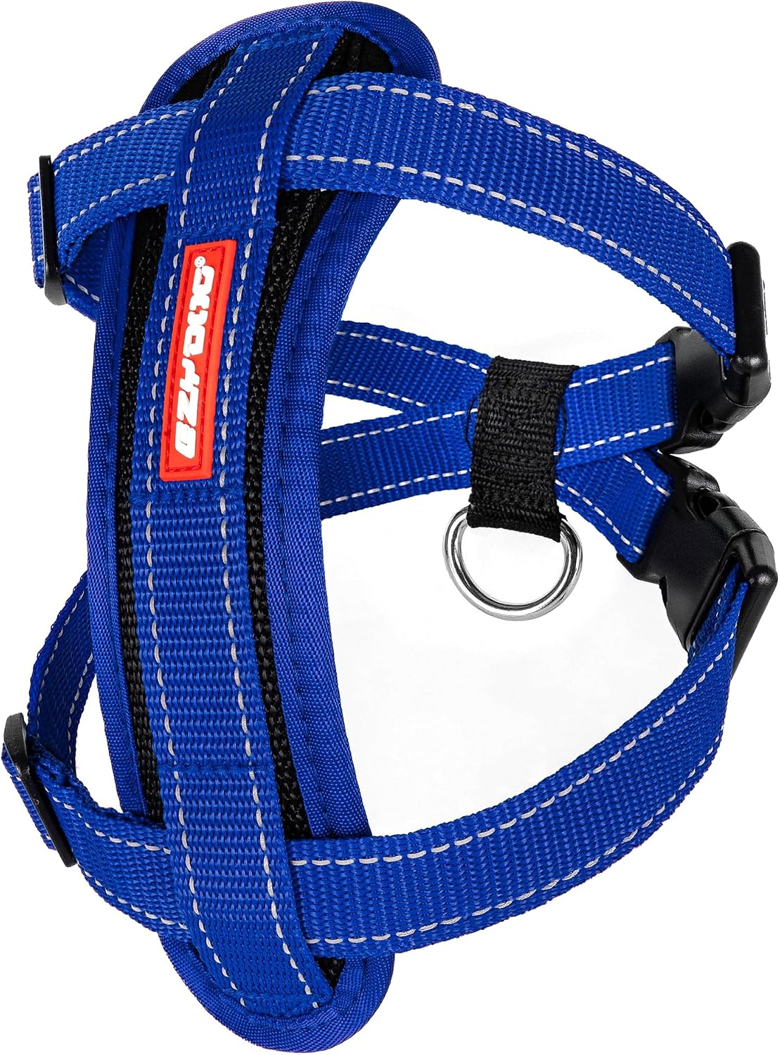 EzyDog black pet harness close-up on EVA foam padding material.