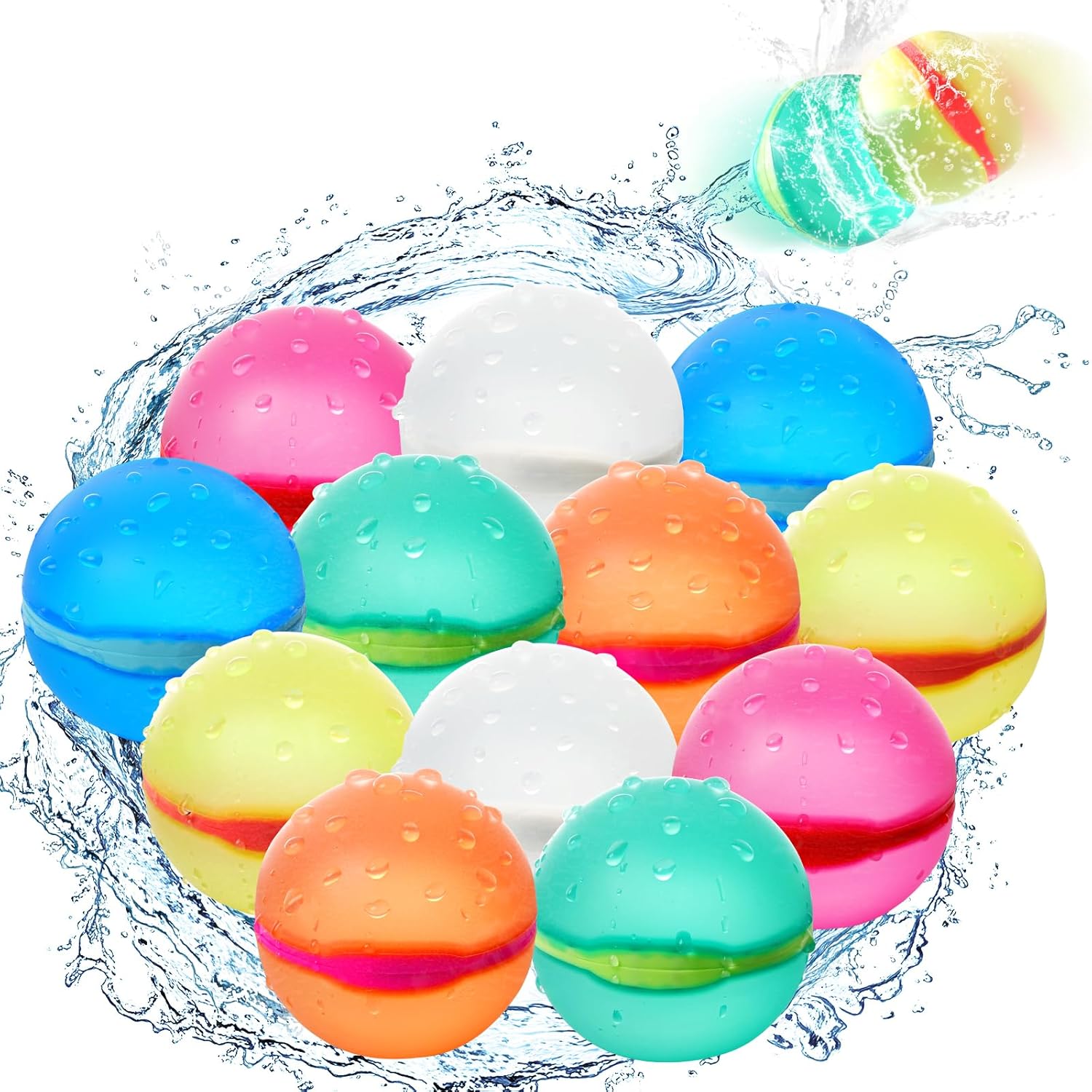 Dexkwen reusable water balloons 12 piece set front view showing vibrant colors.